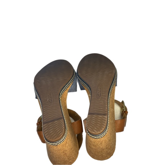 Clarks Collection Sandals Cork Wedge Open Toe Ankle Straps Blue Tan 9.5 - Picture 15 of 16